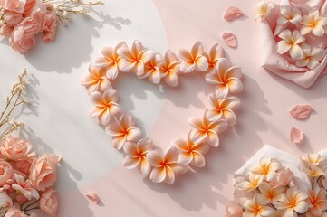 Wall Mural - Heart-shaped frangipani flower design on a pink and white background