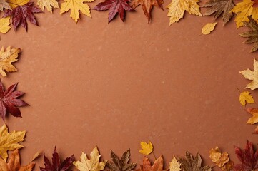 Wall Mural - Modern beige terracotta stone backdrop with a frame of dry autumn leaves, flat lay top view in anime style