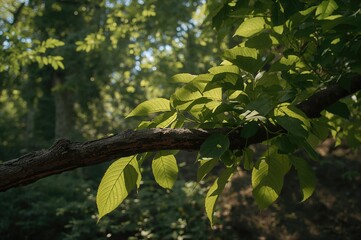 Wall Mural - Natural green foliage on a twig with a blurred woodland backdrop, abstract pattern, summer vibes, tree elements, spring season, soft lighting, leaves, forest scene
