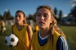 © AspctStyle - Teenage girls in yellow pinnies on soccer field during practice, one holding ball while another looks focused, teamwork and energy under bright afternoon sunlight