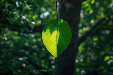 Wall Mural - Single green leaf on a branch surrounded by nature