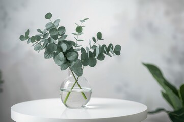 Wall Mural - Fresh eucalyptus branches displayed in a glass container on a bright surface. Relaxation or health-themed arrangement.
