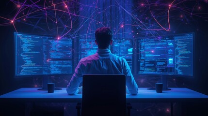 IT specialist programming with futuristic glowing data points