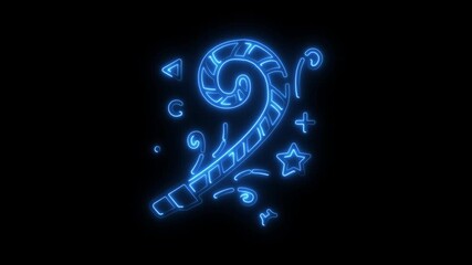 Glowing blue neon party blower exploding with confetti stars and swirls on black background
