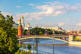 View of Moscow Kremlin, Moscow River and Big Stone bridge during summer sunny day. Landmark in Moscow, Russia.