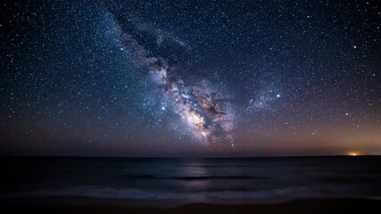 Wall Mural - Astounding night sky timelapse showcasing countless stars rotating above a dark, vast ocean, revealing the Earth's majestic cosmic dance space, stars, Earth's majestic cosmic dance