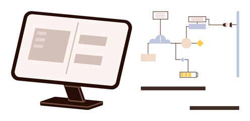 Computer monitor with interface next to flowchart depicting process automation and progress tracking. Ideal for technology, management, organization, efficiency, communication, decision-making