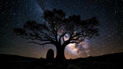 Wall Mural - A lone, ancient tree stands silhouetted against the incredible Milky Way galaxy as it slowly moves across the dark starry night timelapse night sky, wilderness, timelapse