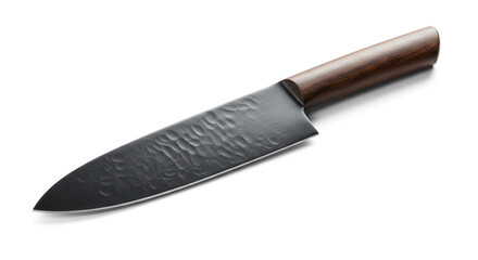 Professional chef's knife with hammered blade and dark wood handle, perfect for culinary arts and gourmet kitchens.