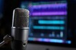 © oksa_studio - Microphone capturing sound for podcasting or broadcasting, with audio track editing software visible on a computer screen