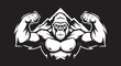 © Tawang - Powerful muscular gorilla flexing biceps in a monochrome vector illustration.