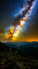 Wall Mural - Dramatic view of the Milky Way over mountain peaks with a winding road leading into the valley below at nighttime
