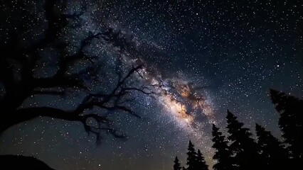 Fantasy Night Landscape with Silhouetted Tree, Starry Sky, and Golden Bokeh Field
