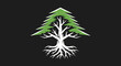 © Win - Elegant cedar tree illustration with roots and green leaves on black background.