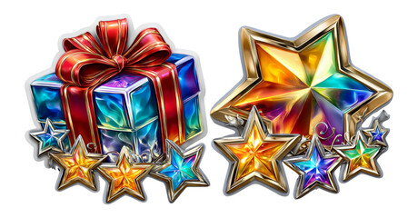 Colorful Gift Box and Decorative Stars on Transparent Background