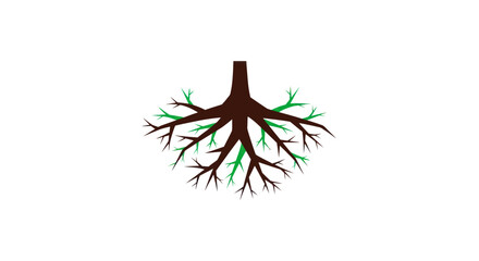 Stylized illustration of a healthy tree root system spreading wide underground.