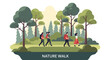 © Guaripuna - Vector illustration of a diverse group of young friends hiking together in a lush green forest, carrying backpacks for a nature walk adventure.