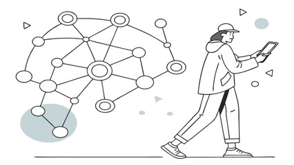 Conceptual illustration of mobile technology for data analysis and network management. A user navigates a complex information system on a tablet