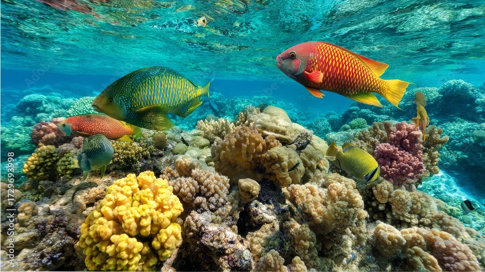 Close-up of coral reef with colorful fish swimming in clear turquoise water, vibrant marine life and ocean ecosystem protection concept.