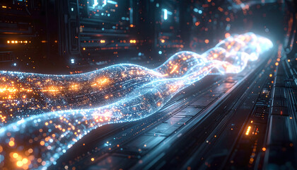 Wall Mural - Abstract technological visualization featuring a flowing stream of blue and orange particles against a dark, metallic, futuristic background.