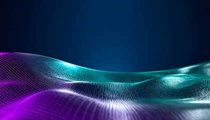 Wall Mural - Abstract digital landscape with flowing lines in vibrant shades of purple, teal, and white against a dark blue background.