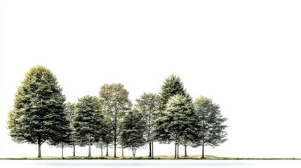 Wall Mural - Line of trees in landscape isolated on white background for composite photo editing