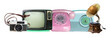 © AbdulWaheed - collection of classic vintage electronics including a television, phone, radio, camera, and gramophone