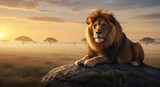 Majestic Male Lion Resting on a Rock in a Misty African Savanna at Sunrise