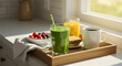 © Lexi - Smoothie, orange juice, coffee, and berries on wooden breakfast tray