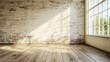 © Von - A spacious, empty room with a white brick wall and a large window, illuminated by natural light.