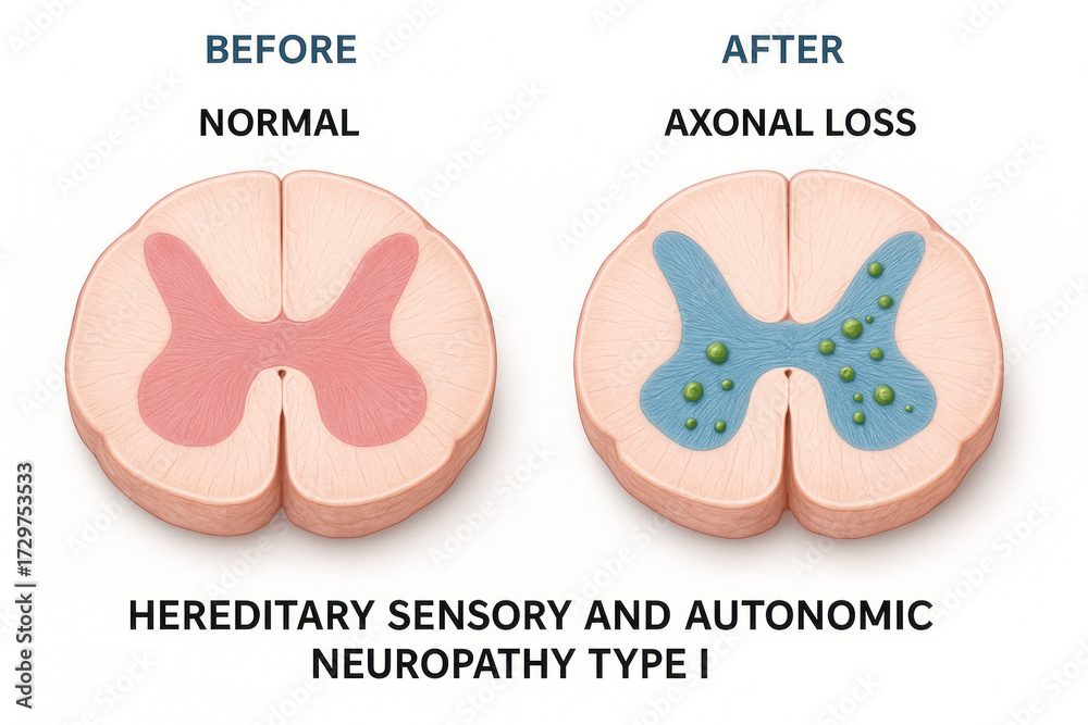 Medical illustration comparing a normal spinal cord cross-section to ...