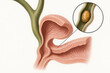 © Ihsanfrr - Close-up medical illustration of the human gallbladder and bile ducts, with a magnified view showing a gallstone within a bile duct.