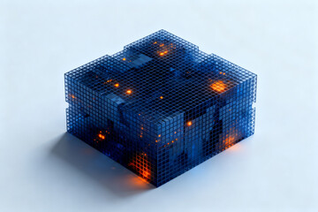 Blue grid cube with glowing orange nodes, representing digital or technological structure