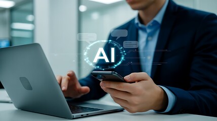 Businessman using laptop and smartphone with ai sign for artificial intelligence