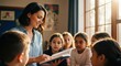 © Mila Shnobel - Engaging teacher leads a group of enthusiastic students during an inspiring lesson on Teachers Day in a bright classroom