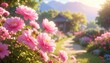 © DeepGrid  - Garden path lined with blooming pink flowers—leading to cottage under golden sunlight with mountains beyond—evokes crafted peace, symbolic journey, and the rhythm of nature, home, and timeless wonder.