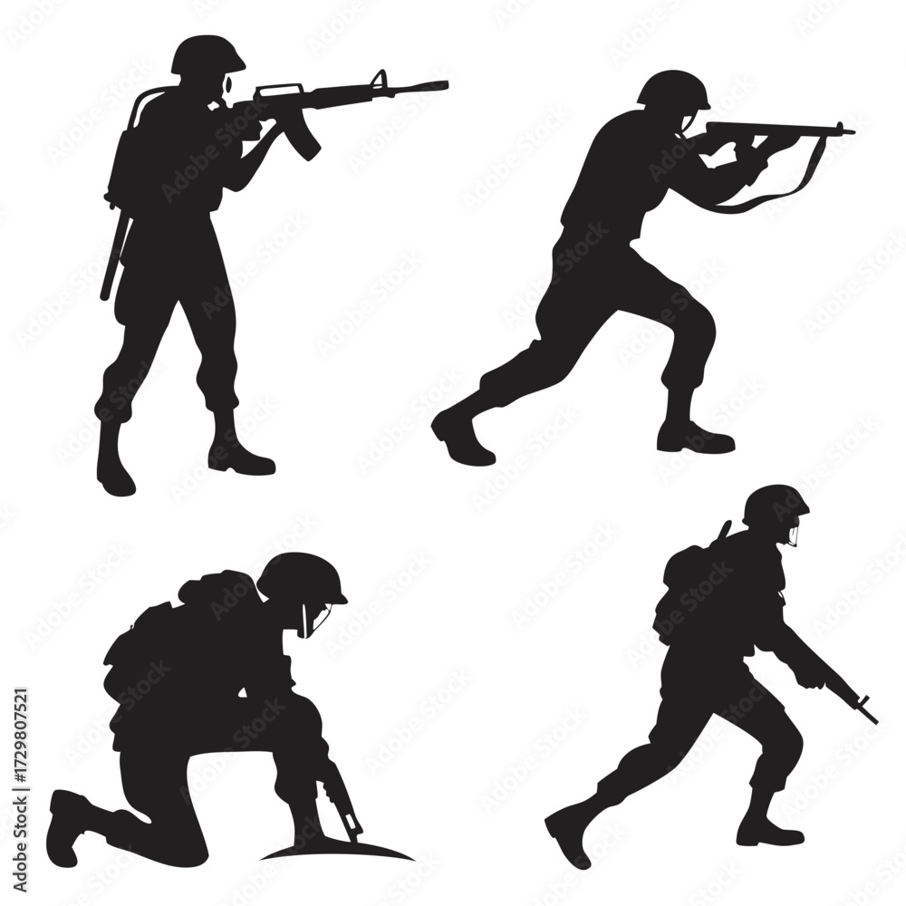 Illustration of soldiers in various poses with rifles, in silhouette ...