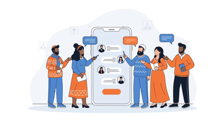 Diverse group using social media app on a large mobile phone screen sharing ideas