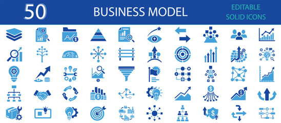 Business model solid icons set. Strategy, planning, process, innovation, growth, revenue, partnership, target, structure, workflow and analysis symbols. Editable vector design, business and management