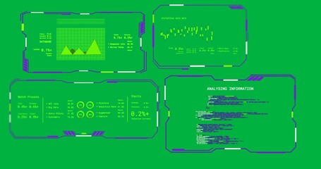 Wall Mural - Animation of purple interface screens with green charts analysing data on transparent background