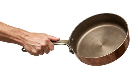 A copper saucepan is held up by a hand against a white background