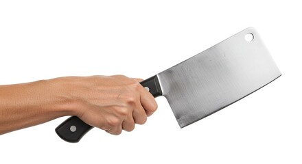 A hand holds a large silver cleaver against a white background