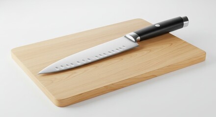 Knife on wooden board sharp blade with holes dark handle Resting on smooth lightcolored rounded wood