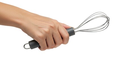 A persons hand gripping a whisk with a dark gray handle