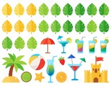 Koleksi vektor ikon musim panas dan perjalanan dengan ilustrasi makanan, buah-buahan segar, koktail, bunga, dan pohon di pantai