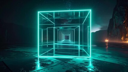 Glowing Cube Tunnel: Abstract Sci-Fi Landscape