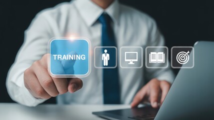 Professional businessman selecting training options on a digital interface for skill development and career advancement