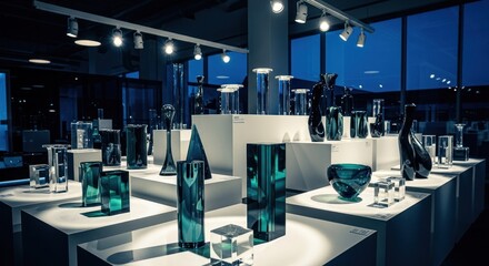 Glass display in modern showroom at twilight