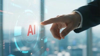 A person in a suit points at a holographic AI interface displayed on a transparent screen in a modern office setting.
