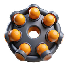 Abstract circular mechanical component with orange spheres in outer ring isolated on transparent background